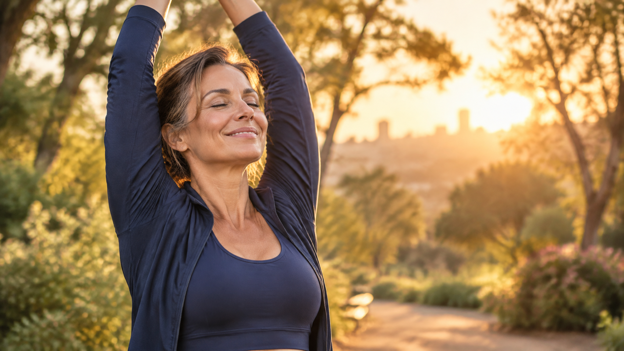 Woman stretching outdoors in golden morning light, feeling vibrant