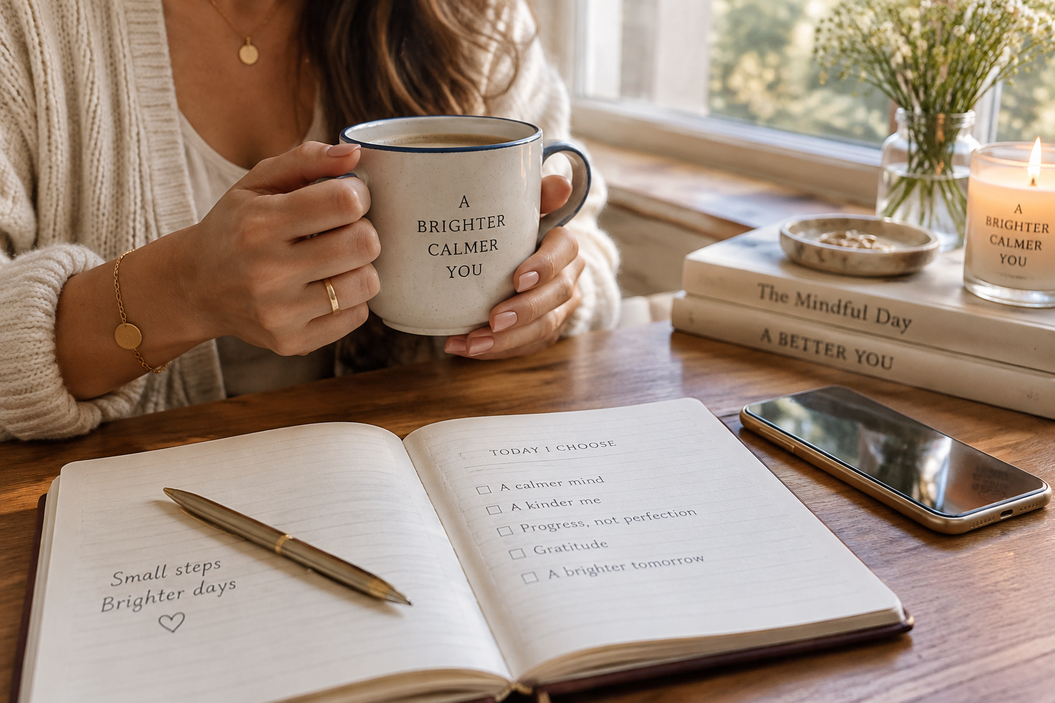 Peaceful morning routine with tea and journal
