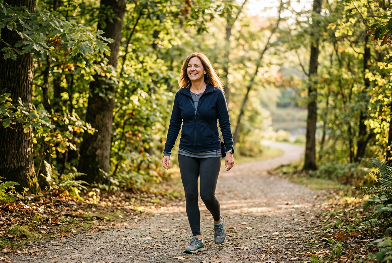 A woman walking outdoors on a tree-lined path in soft morning light