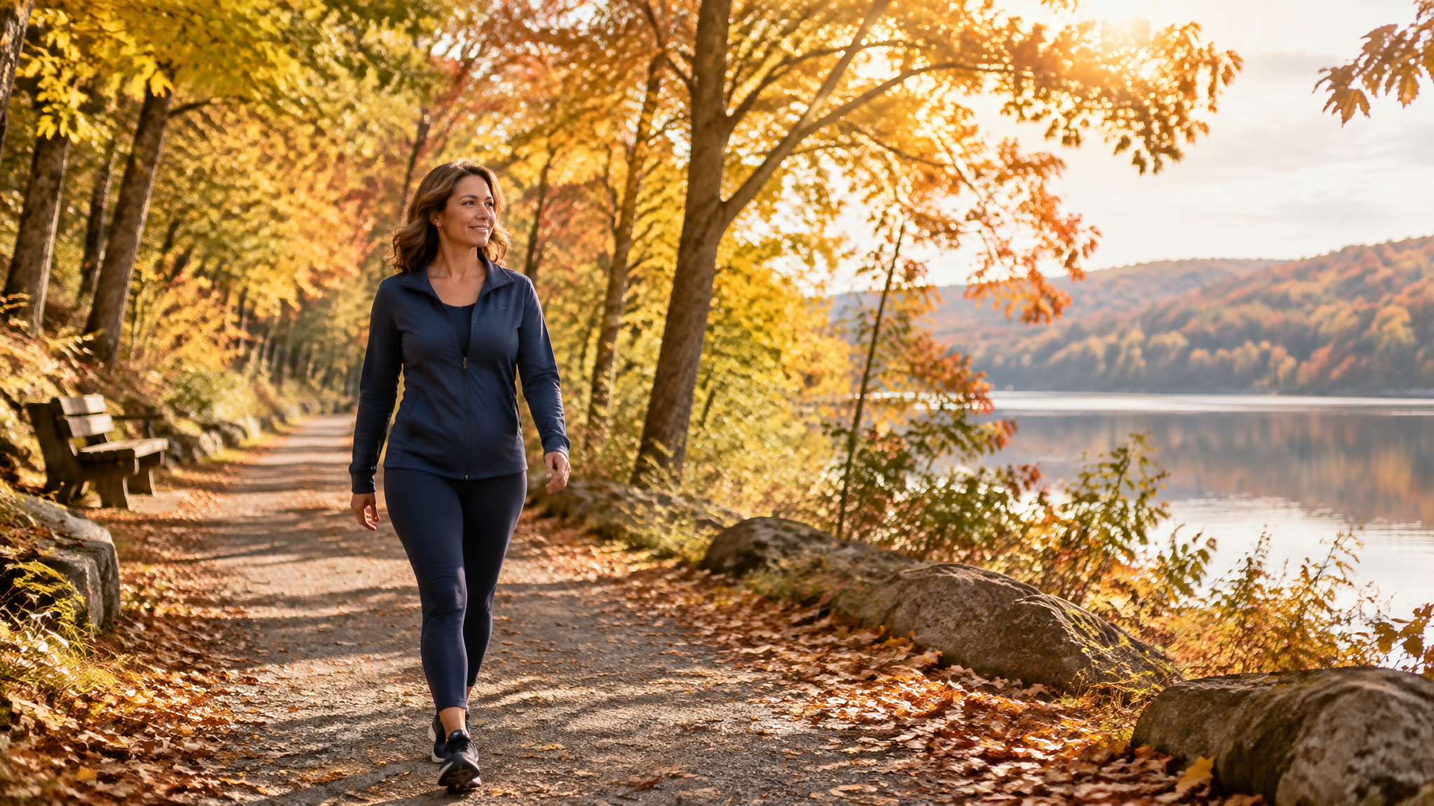 Woman walking on a nature trail in autumn light