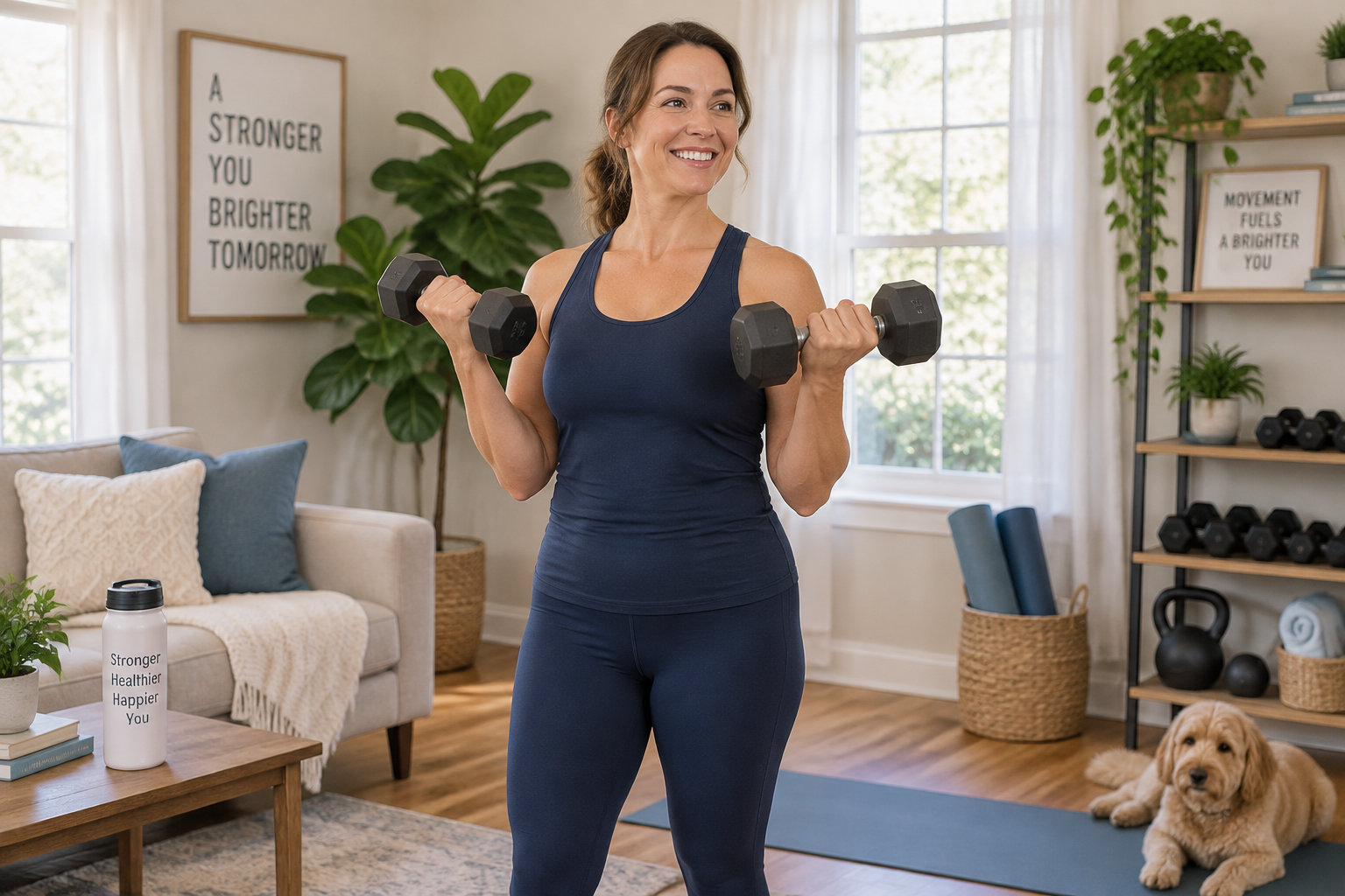 A woman doing strength training with dumbbells at home